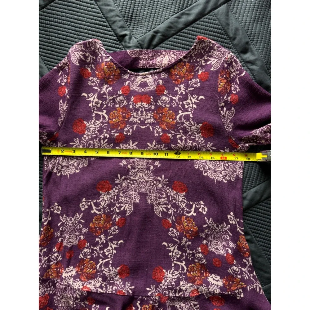 Free People Purple Floral Long Sleeve Mini Dress Deep V Back Boho‎ Womens Small